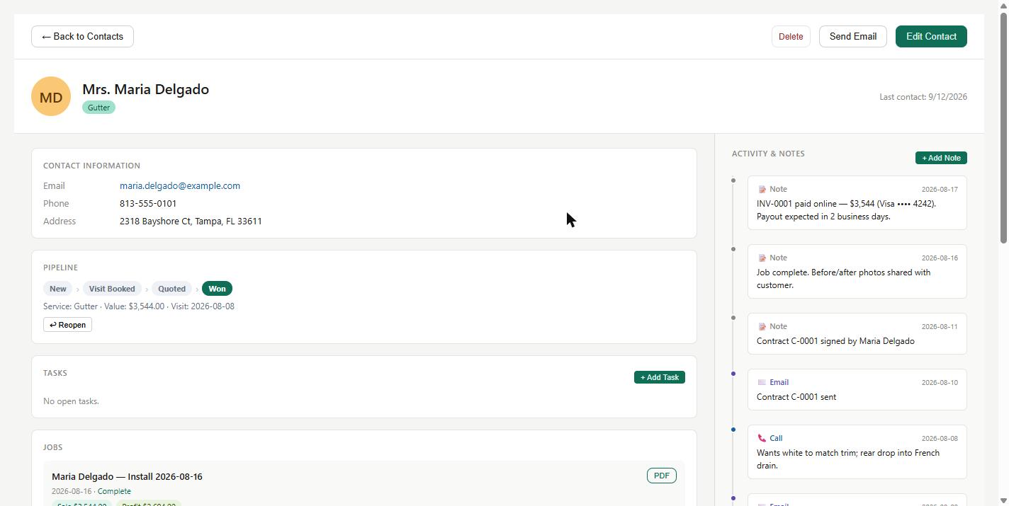 Customer profile with pipeline stage, job, invoice and a full activity timeline