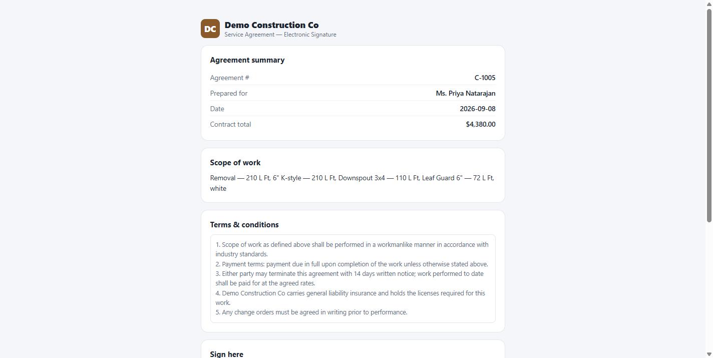 Customer-facing e-signature page showing agreement summary, scope and terms