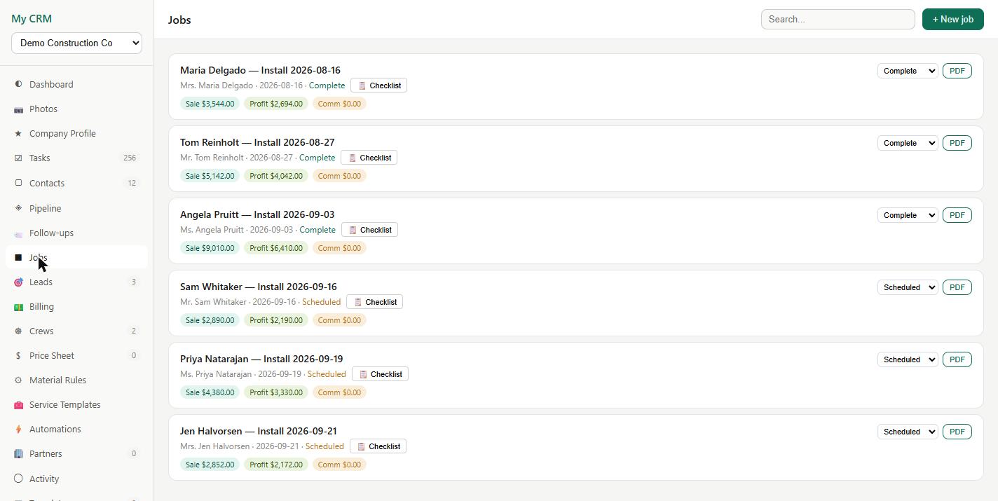 Jobs list with sale, profit and status for each job