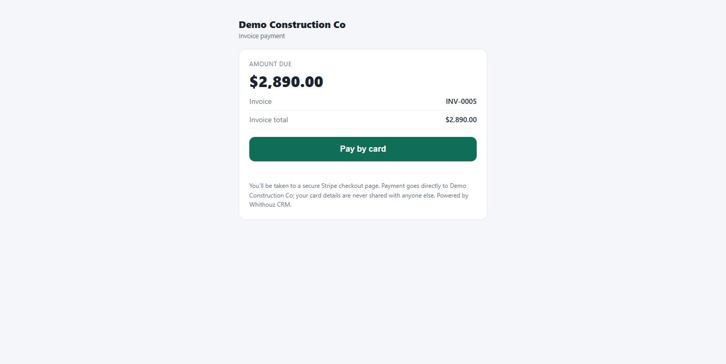 Customer pay-link page with amount due and a Pay by card button