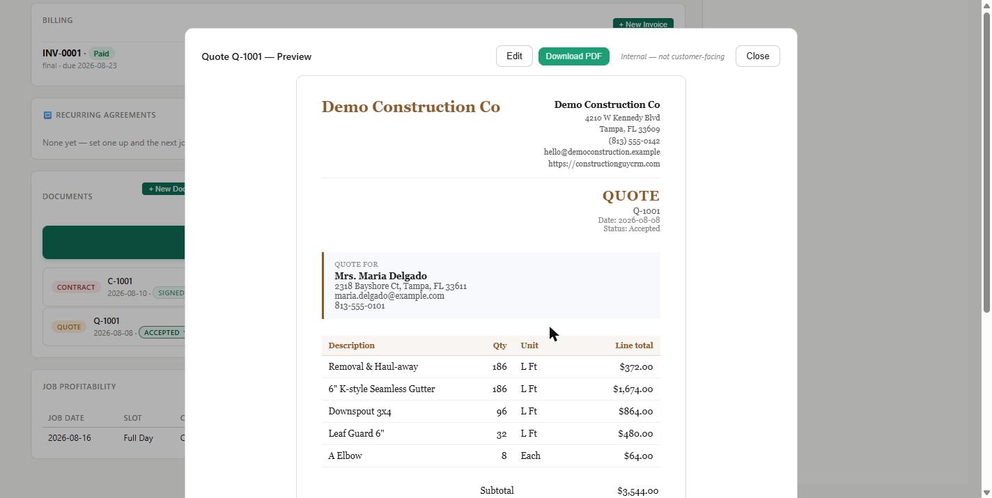Branded quote preview with itemized line items